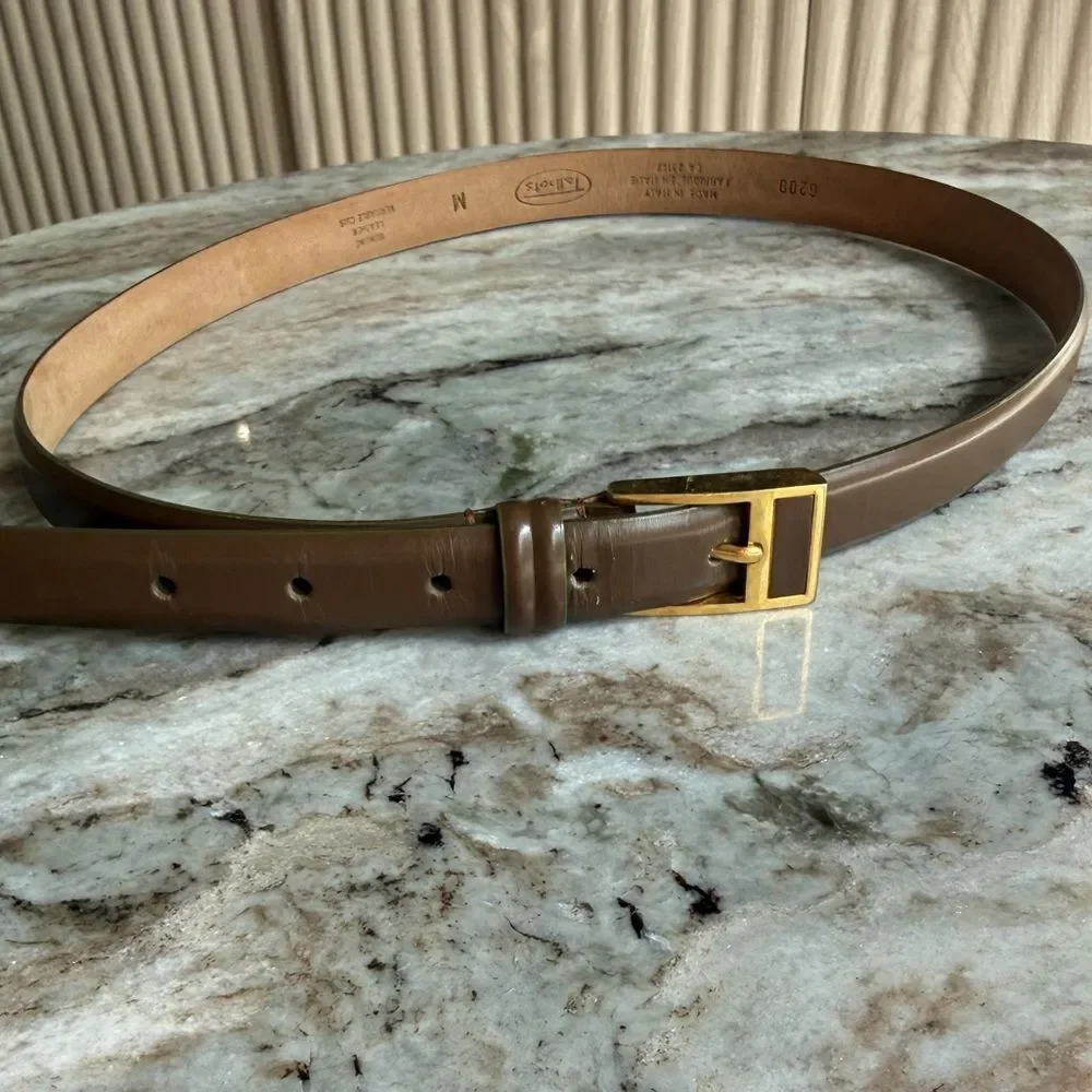 talbots brown leather skinny belt gold buckle minimalist classic italy made